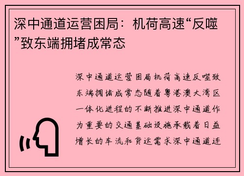 深中通道运营困局：机荷高速“反噬”致东端拥堵成常态