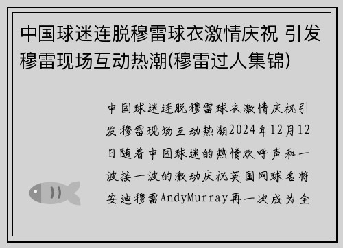 中国球迷连脱穆雷球衣激情庆祝 引发穆雷现场互动热潮(穆雷过人集锦)