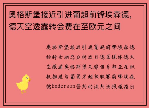 奥格斯堡接近引进葡超前锋埃森德，德天空透露转会费在至欧元之间