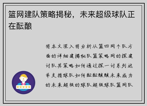 篮网建队策略揭秘，未来超级球队正在酝酿